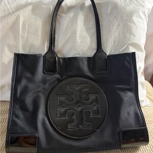 Tory Burch Black Logo Nylon Tote with Patent Trim